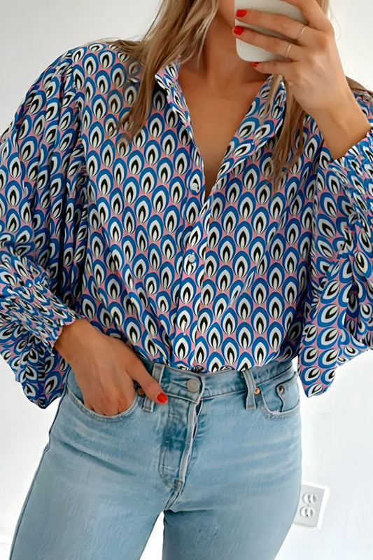 Sky Blue Abstract Print Shirred Cuff Buttoned Oversized Shirt - SKY BLUE / S / 100% POLYESTER - Tops/Blouses & Shirts