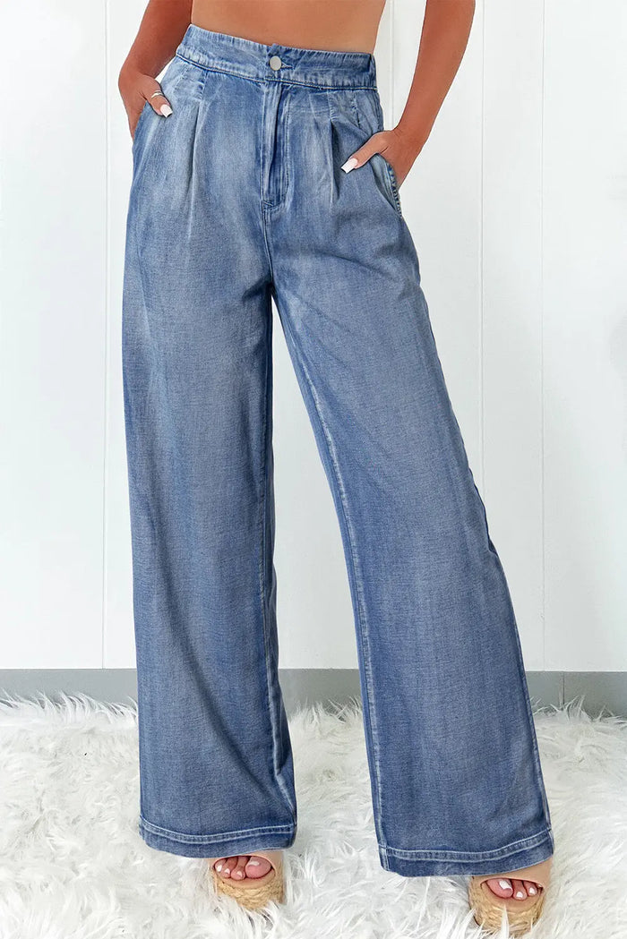 Dusk Blue Acid Wash Wide Leg High Waist Jeans - DUSK BLUE / 4 / 95% COTTON + 5% POLYESTER - Bottoms/Jeans/WideLeg
