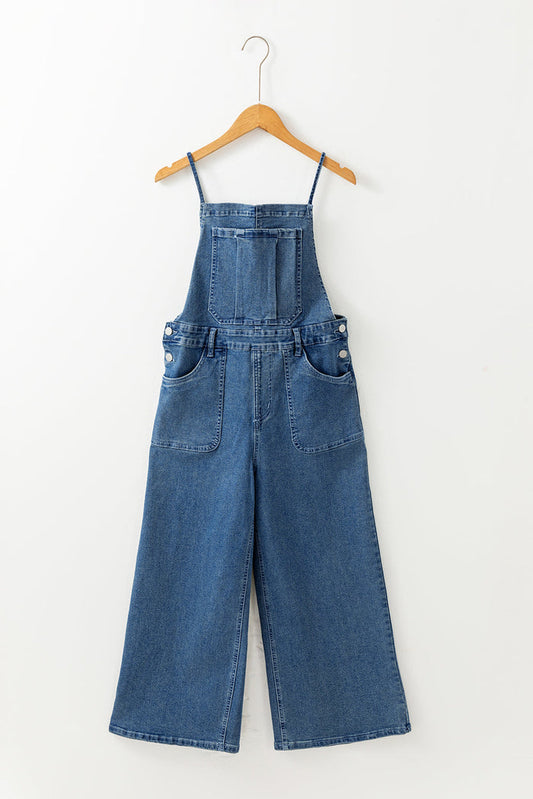 Dusk Blue Adjustable Tie Straps Cropped Wide Leg Denim Overalls - DUSK BLUE / S - Bottoms/Jumpsuits & Rompers