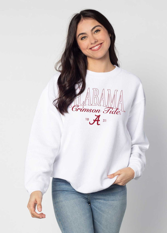 Alabama Crimson Tide Unisex White Oversized Premium cotton corded fleece Sweatshirt with Super soft hand feel, vintage wash and ribbed crew neckline, cuffs, and hemline