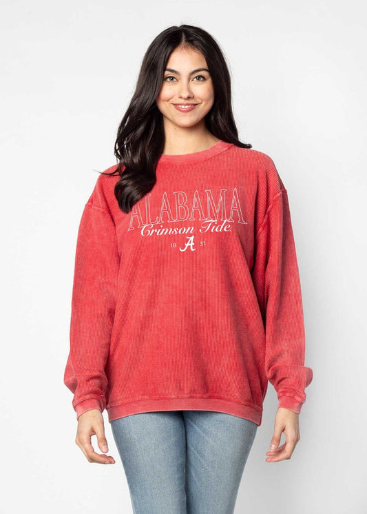 Alabama Crimson Tide Unisex Crimson Oversized Premium cotton corded fleece Sweatshirt with Super soft hand feel, vintage wash and ribbed crew neckline, cuffs, and hemline