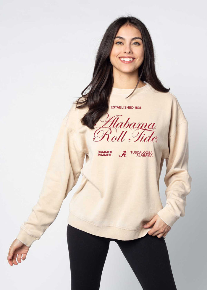 Alabama Crimson Tide Unisex Oatmeal Oversized Burnout fleece Sweatshirt with Ribbed crew neckline, cuffs, hem, dropped shoulders and relaxed bottom hem