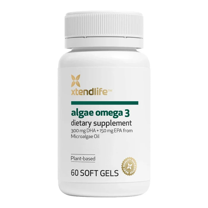White bottle of xtendlife algae omega 3 dietary supplement on a white background