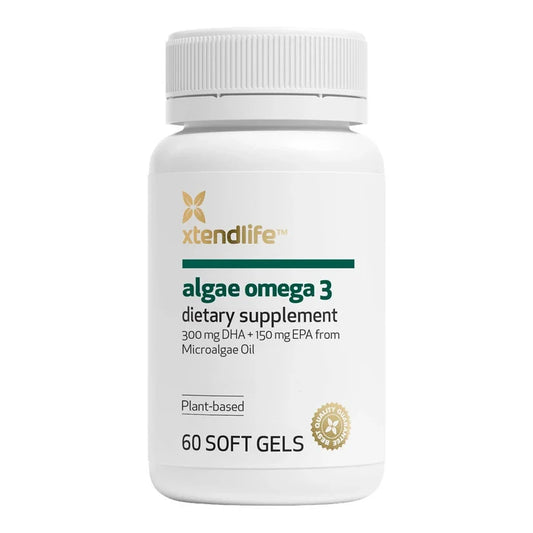 White bottle of xtendlife algae omega 3 dietary supplement on a white background