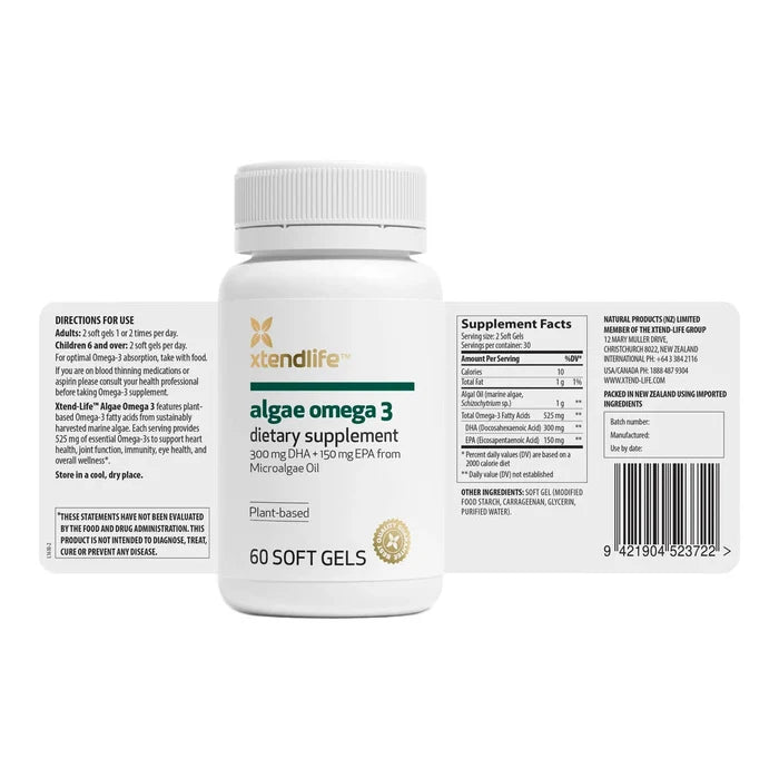 xtendlife algae omega 3 dietary supplement bottle with label on a white background