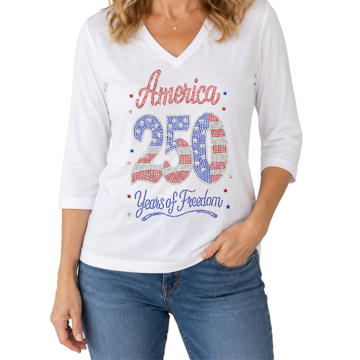 America 250 Years of Freedom Rhinestone 3/4 Sleeve V-Neck Shirt