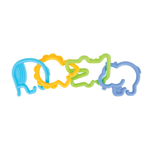 Animal Click Links features four colorful links shaped like a blue whale, yellow lion, green alligator, and purple elephant, linked together—an engaging baby dexterity toy perfect for stroller play.