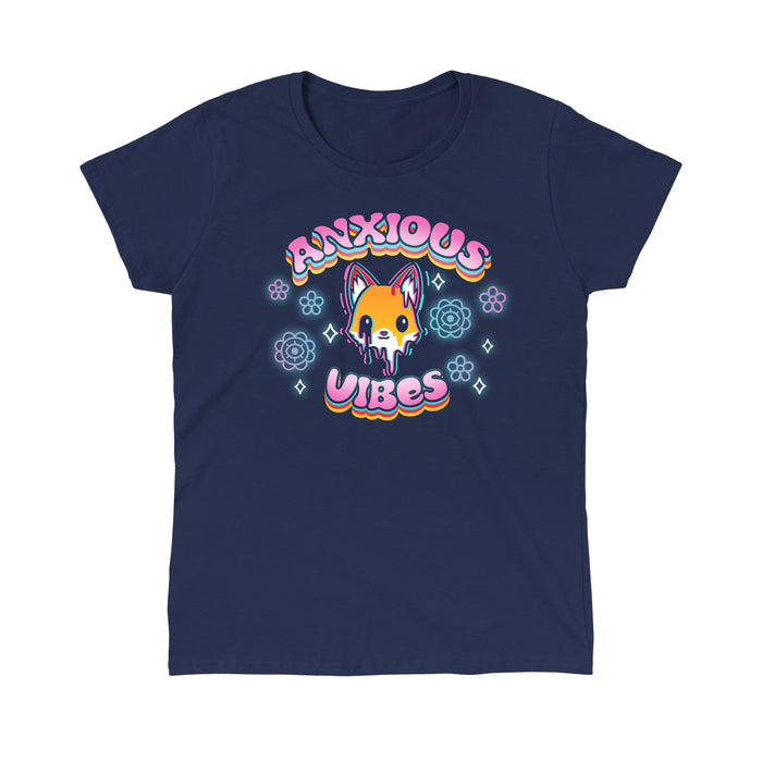 Classic Cotton T-shirt_TeeTurtle Anxious Vibes navy blue t-shirt featuring a fox with text "Anxious Vibes" above and below.