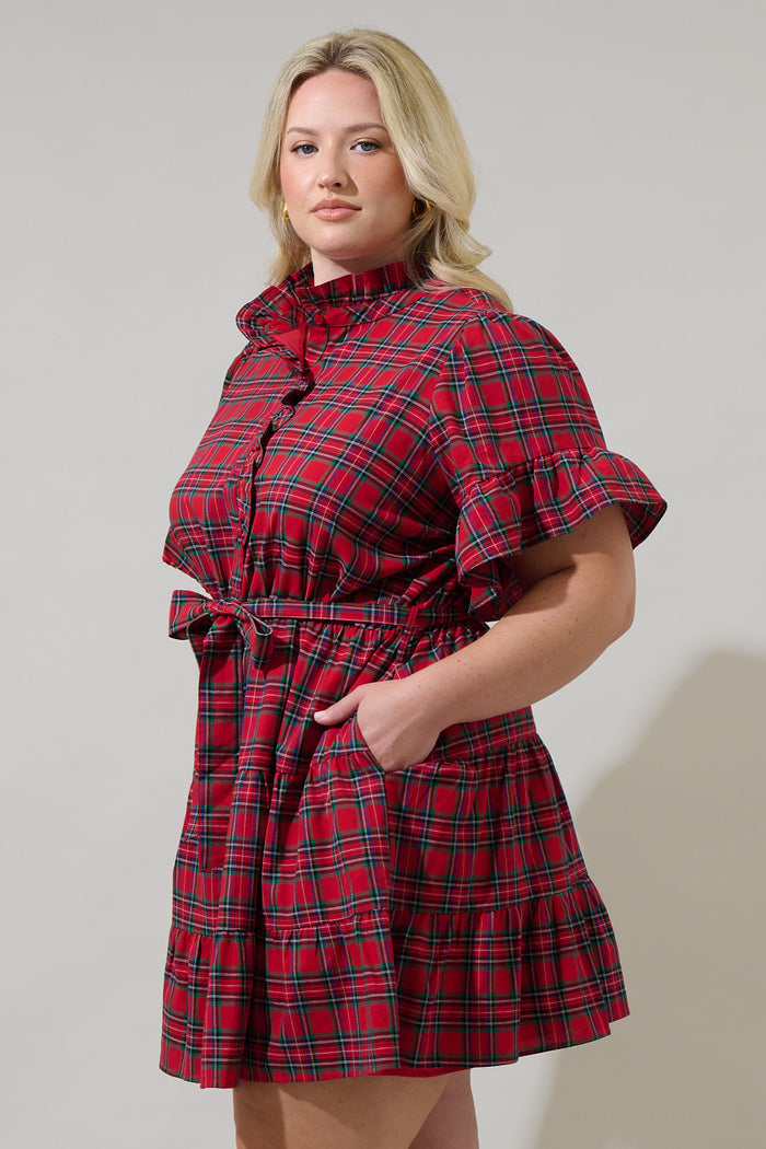 Arvada Plaid Cottonwood Ruffle Button Down Mini Dress Curve