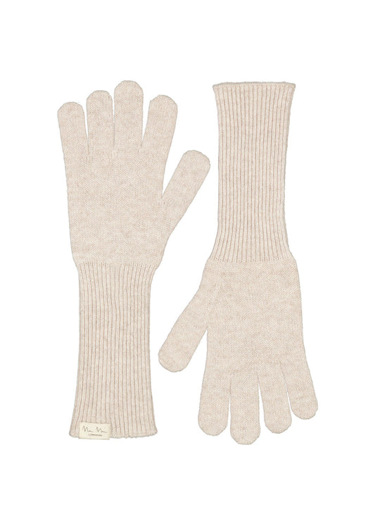 Lange strikkede handsker i lys beige med ribbet manchet og fem fingre