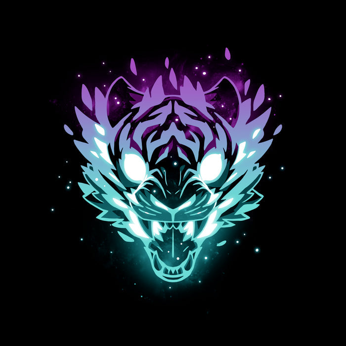 Classic Cotton T-shirt_TeeTurtle Astral Roar black t-shirt featuring a tiger head with neon blue and purple hues.