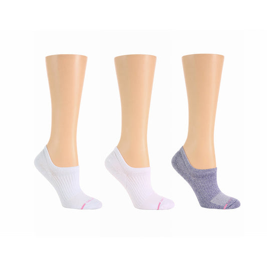 Three pairs of liner compression socks in white and purple, displayed on mannequin legs.