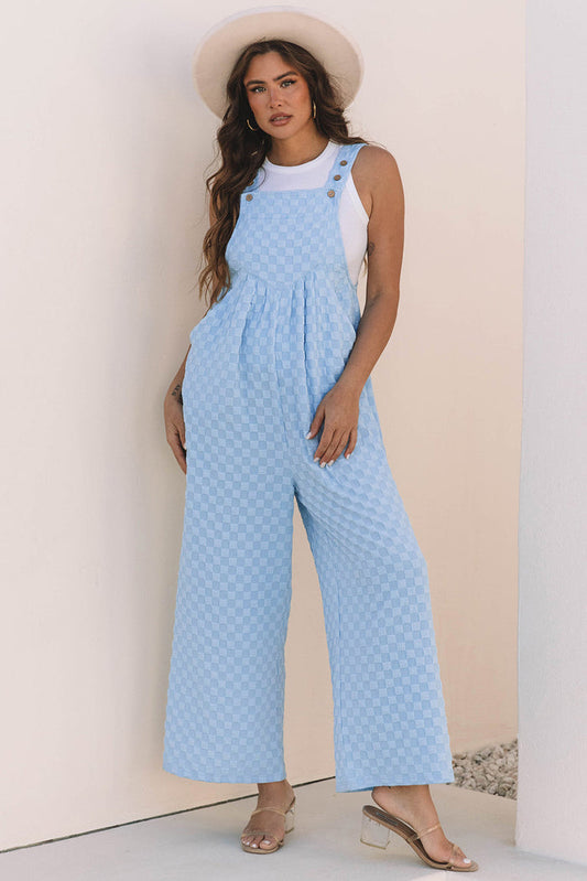 Beau Blue Checkered Pocketed High Waist Wide Leg Overall Dungarees - S / 95% Polyester + 5% Elastane