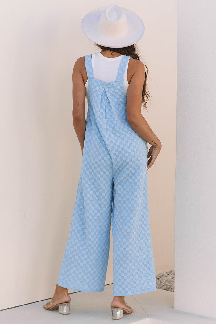 Beau Blue Checkered Pocketed High Waist Wide Leg Overall Dungarees - Bottoms/Jumpsuits & Rompers