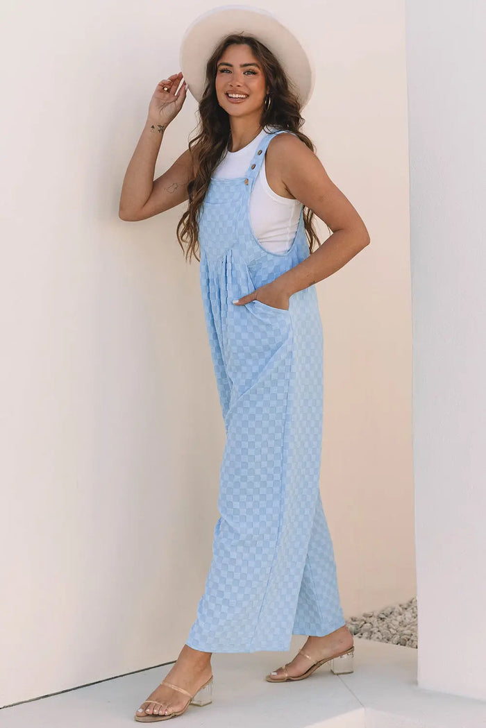 Beau Blue Checkered Pocketed High Waist Wide Leg Overall Dungarees - Bottoms/Jumpsuits & Rompers