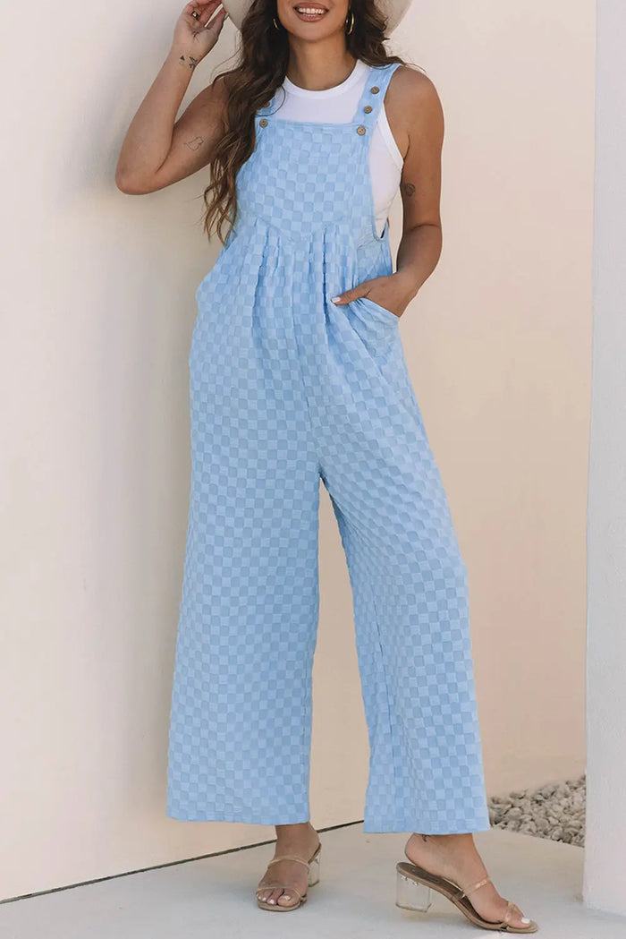 Beau Blue Checkered Pocketed High Waist Wide Leg Overall Dungarees - Bottoms/Jumpsuits & Rompers