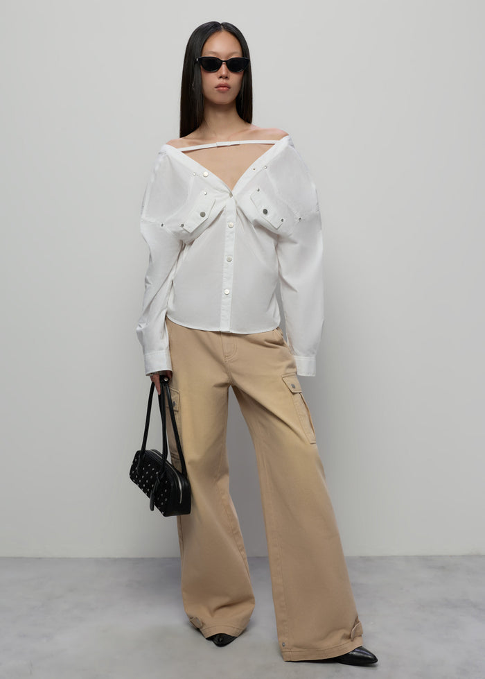 BEIGE ADJUSTABLE HEM STRAIGHT PANTS