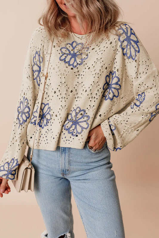 Beige Contrast Flower Print Eyelet Drop Shoulder Sweater - S / 55% Acrylic + 45% Cotton - Sweaters & Cardigans/Sweaters