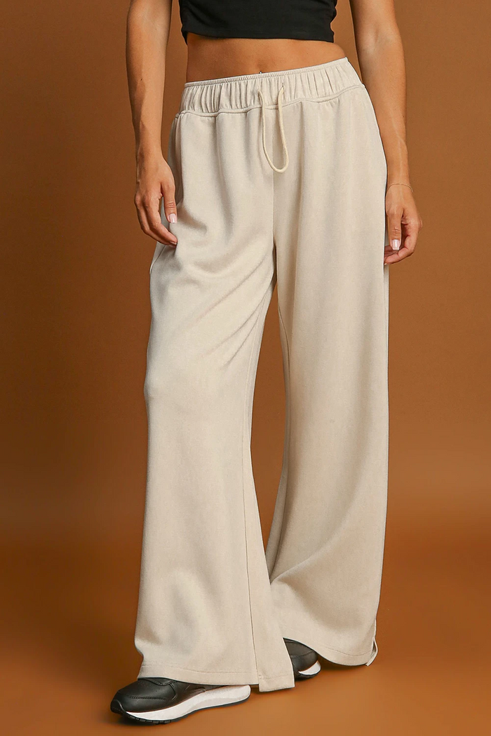 Beige Loop Drawstring Casual Wide Leg Trousers - APRICOT / S / 50% POLYESTER + 50% COTTON - Bottoms/Joggers