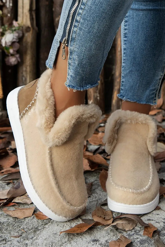 Beige Suede Stitching Patchwork Plush Lined Anklet Boots - Shoes/Boots