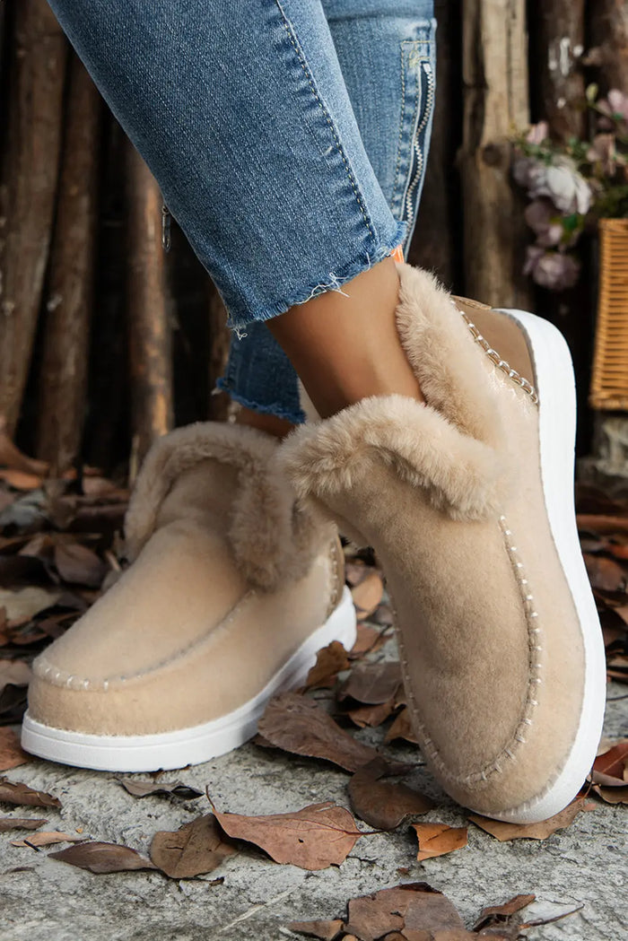 Beige Suede Stitching Patchwork Plush Lined Anklet Boots - Shoes/Boots