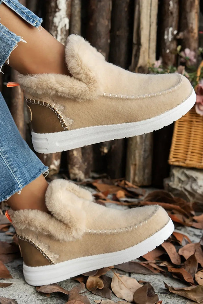Beige Suede Stitching Patchwork Plush Lined Anklet Boots - Shoes/Boots