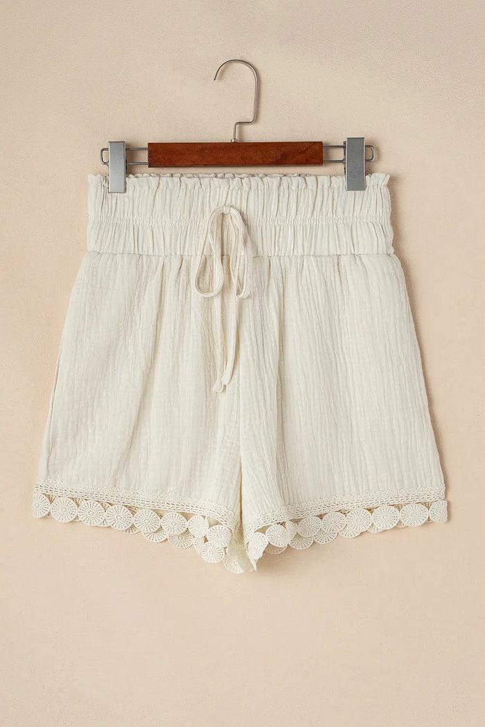 Beige Textured Frilled Knotted High Waist Lace Hem Shorts - Bottoms/Shorts