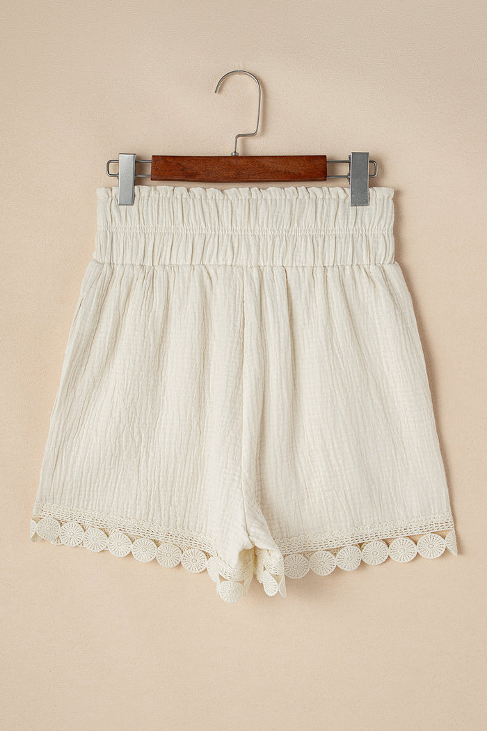 Beige Textured Frilled Knotted High Waist Lace Hem Shorts - Bottoms/Shorts