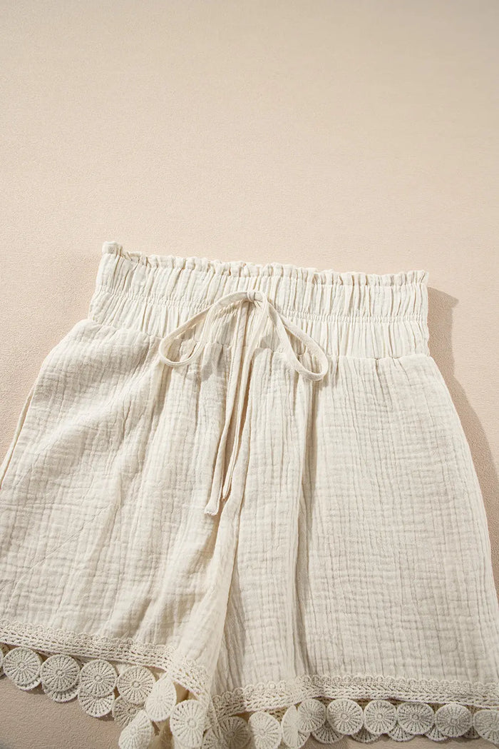 Beige Textured Frilled Knotted High Waist Lace Hem Shorts - Bottoms/Shorts