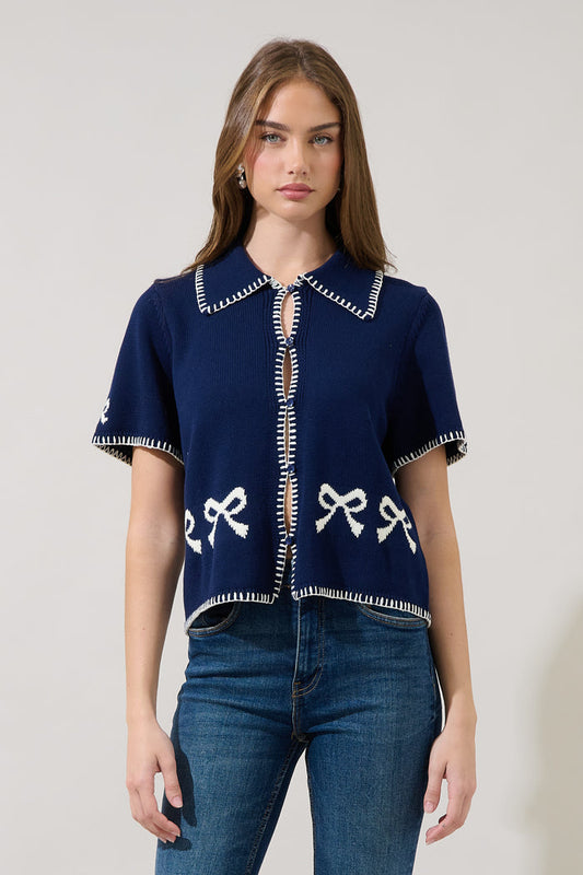 Berla Bows Collared Short Sleeve Sweater