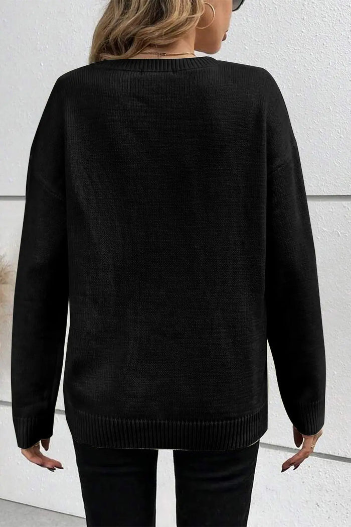 Black Boo Knitted Pattern Ribbed Edge Drop Shoulder Sweater - Sweaters & Cardigans/Sweaters