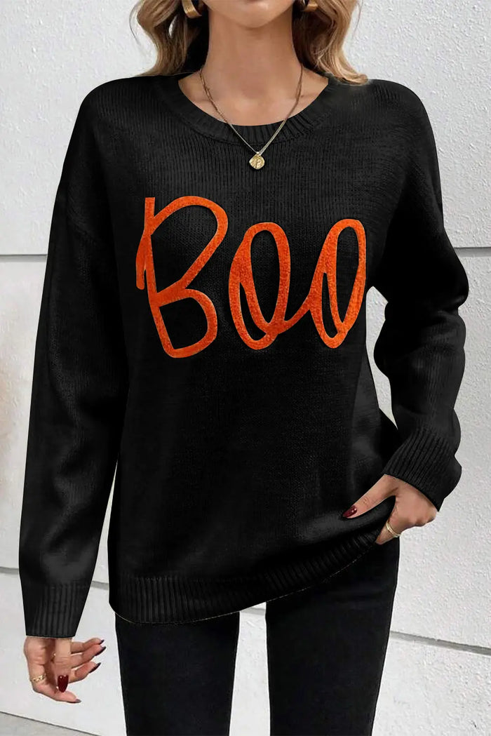 Black Boo Knitted Pattern Ribbed Edge Drop Shoulder Sweater - Sweaters & Cardigans/Sweaters