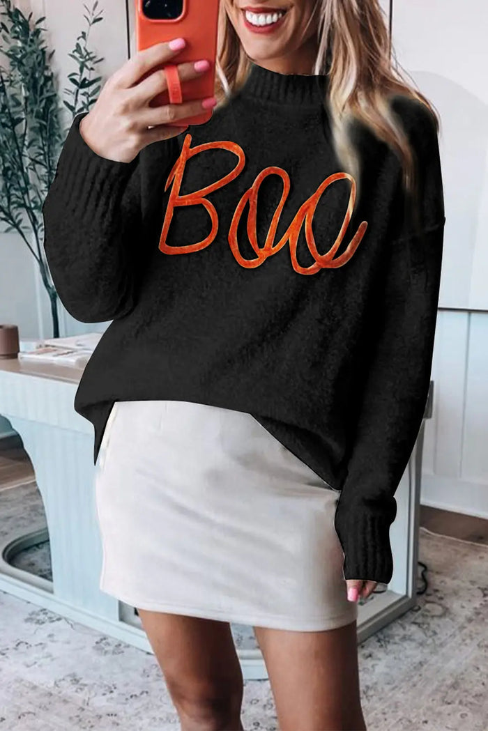 Black Boo Knitted Pattern Ribbed Edge Drop Shoulder Sweater - Sweaters & Cardigans/Sweaters