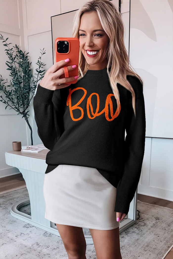 Black Boo Knitted Pattern Ribbed Edge Drop Shoulder Sweater - Sweaters & Cardigans/Sweaters