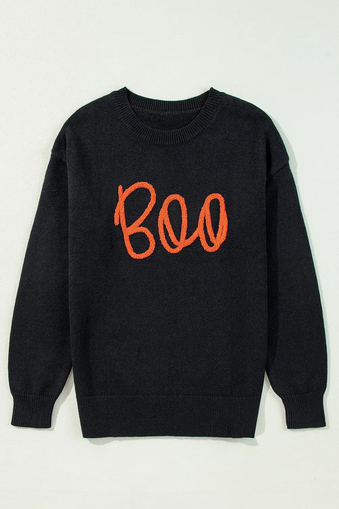Black Boo Knitted Pattern Ribbed Edge Drop Shoulder Sweater - Sweaters & Cardigans/Sweaters
