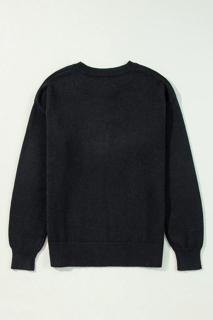 Black Boo Knitted Pattern Ribbed Edge Drop Shoulder Sweater - Sweaters & Cardigans/Sweaters