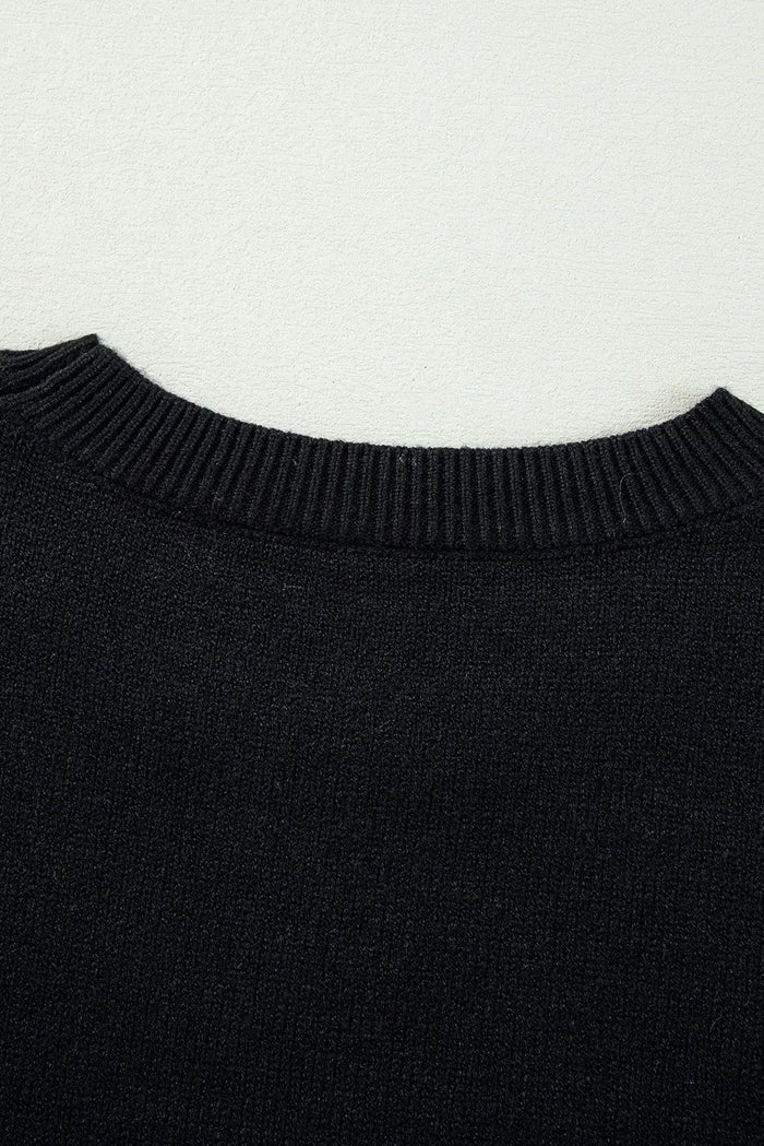 Black Boo Knitted Pattern Ribbed Edge Drop Shoulder Sweater - Sweaters & Cardigans/Sweaters
