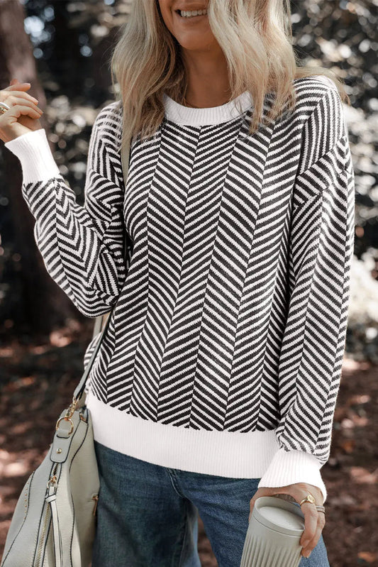 Black Contrast Edge Crew Neck Drop Shoulder Sweater - BLACK / S / 50% VISCOSE + 28% POLYESTER + 22% POLYAMIDE