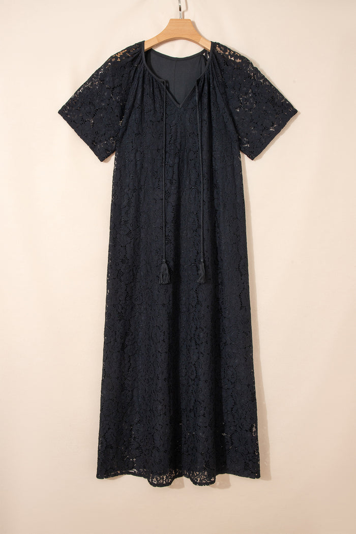 Black Floral Lace Overlay Tassel Tie Short Sleeve Beach Vacation Loose Maxi Dress