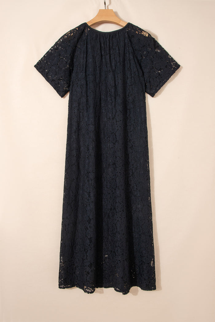 Black Floral Lace Overlay Tassel Tie Short Sleeve Beach Vacation Loose Maxi Dress
