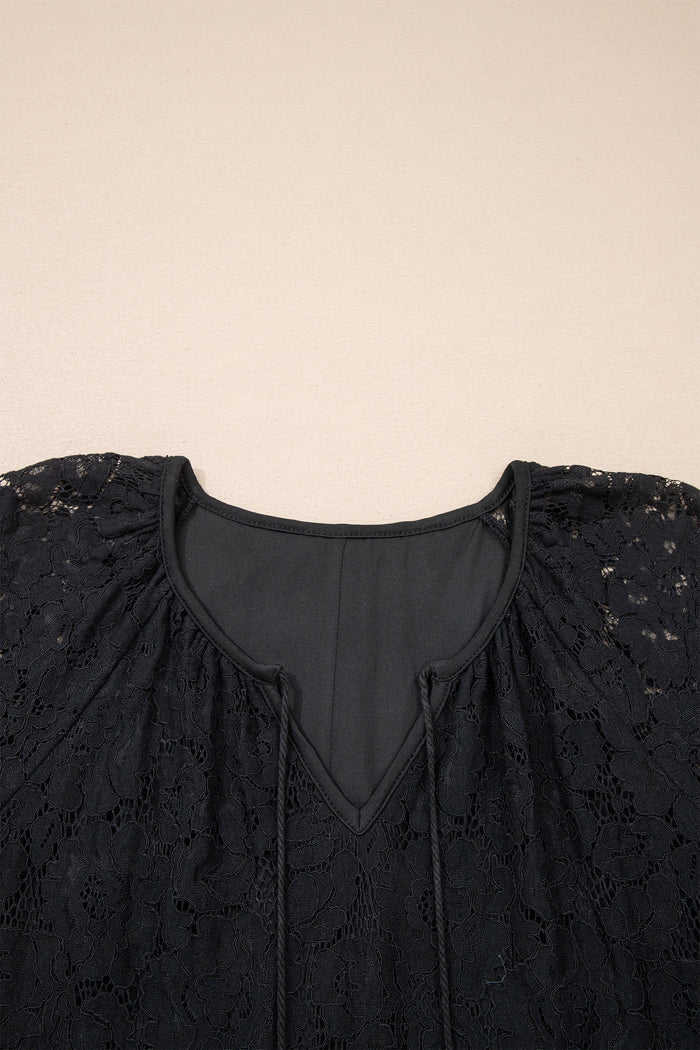 Black Floral Lace Overlay Tassel Tie Short Sleeve Beach Vacation Loose Maxi Dress