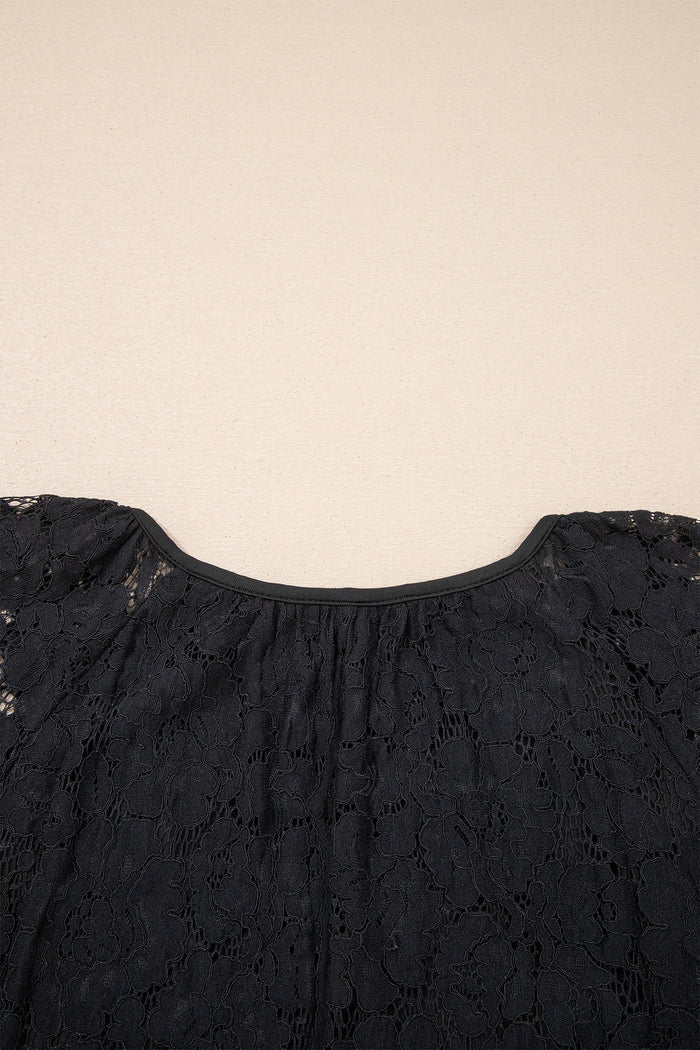 Black Floral Lace Overlay Tassel Tie Short Sleeve Beach Vacation Loose Maxi Dress