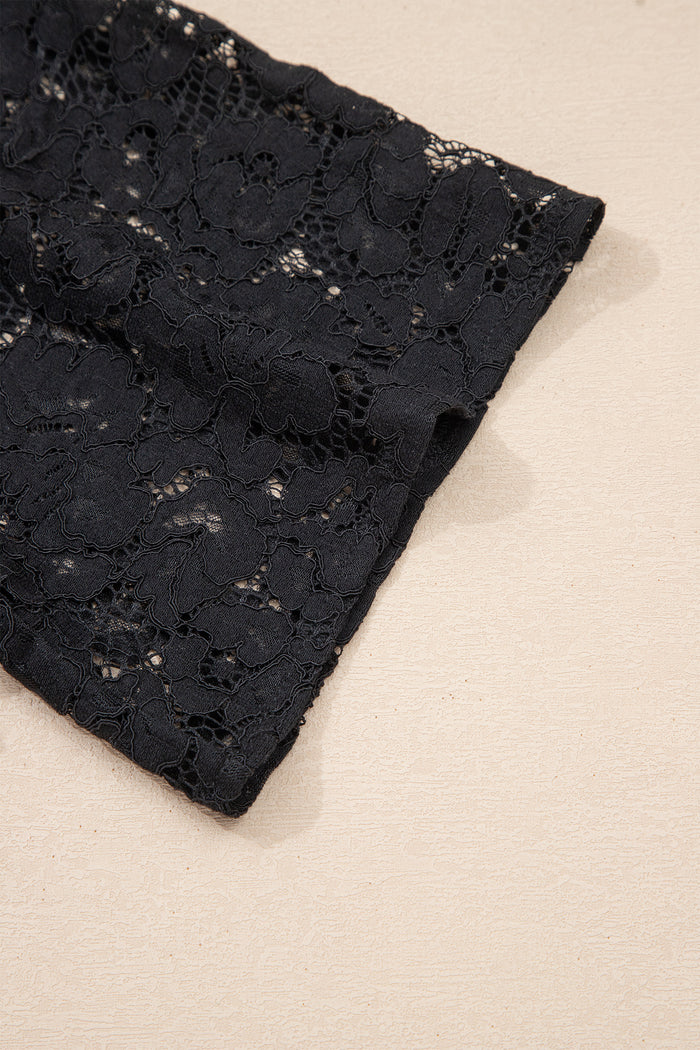 Black Floral Lace Overlay Tassel Tie Short Sleeve Beach Vacation Loose Maxi Dress