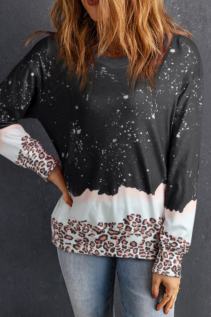 Black Leopard Bleached Pullover Sweatshirt - BLACK / S / 95% POLYESTER + 5% ELASTANE - Tops/Sweatshirts & Hoodies