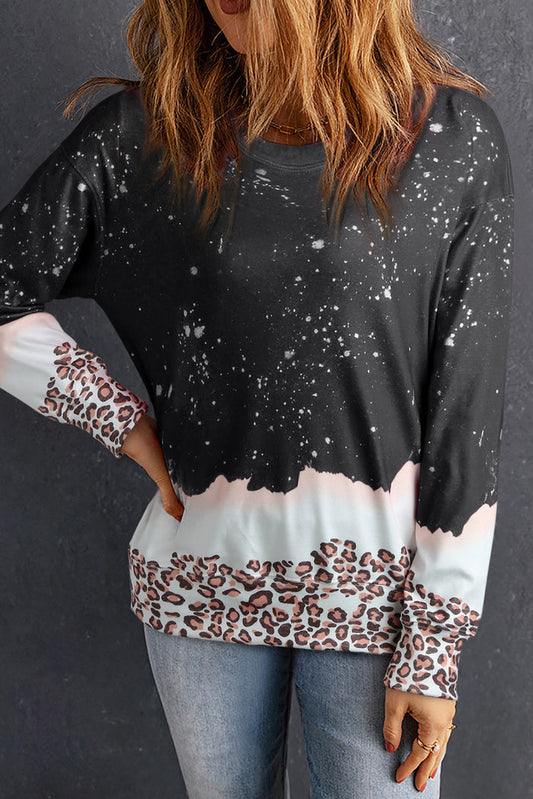 Black Leopard Bleached Pullover Sweatshirt - BLACK / S / 95% POLYESTER + 5% ELASTANE - Tops/Sweatshirts & Hoodies