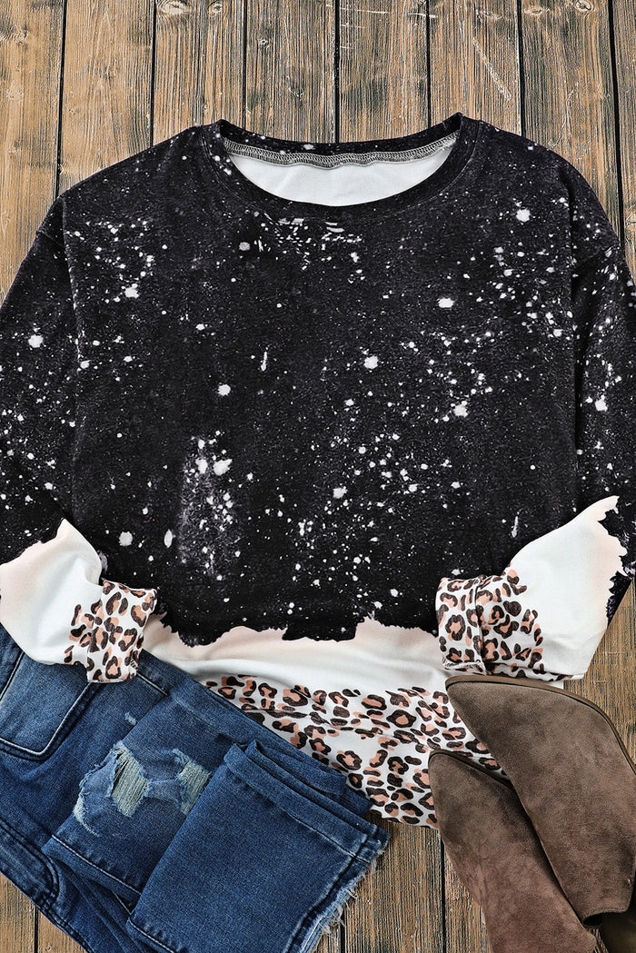 Black Leopard Bleached Pullover Sweatshirt - Tops/Sweatshirts & Hoodies