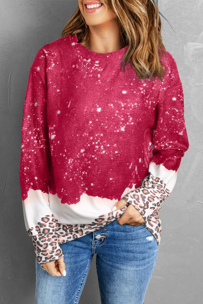 Black Leopard Bleached Pullover Sweatshirt - RED / S / 95% POLYESTER + 5% ELASTANE - Tops/Sweatshirts & Hoodies