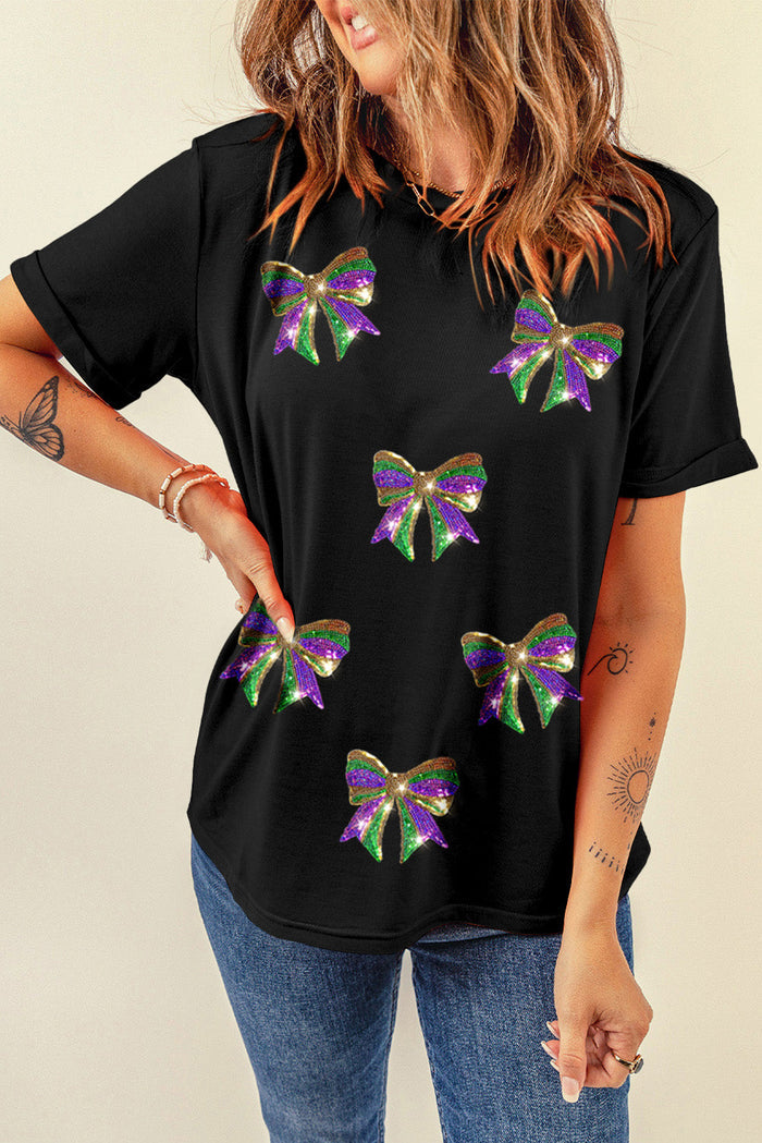 Black Sequin Mardi Gras Bow Graphic Crewneck Tee - Graphic/Graphic Tees