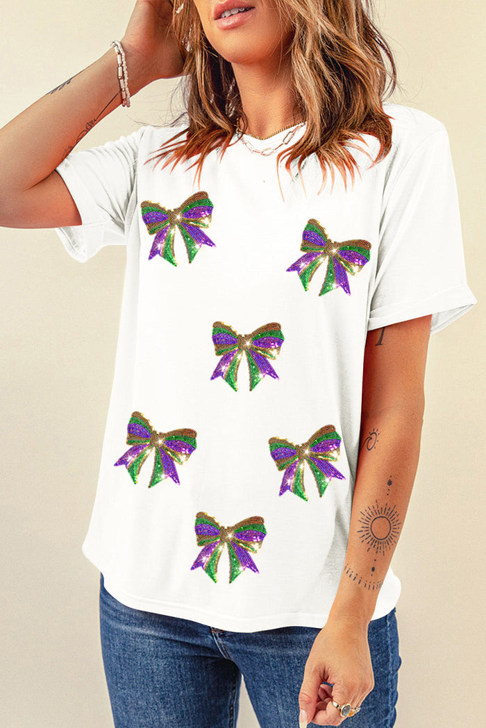 Black Sequin Mardi Gras Bow Graphic Crewneck Tee - Graphic/Graphic Tees
