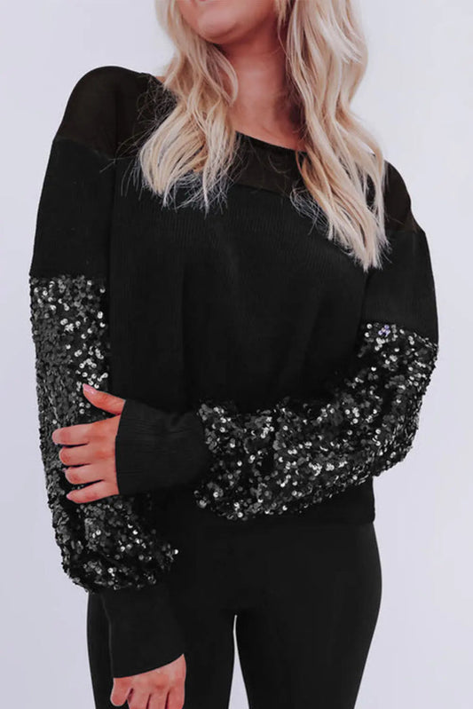 Black Sequin Patchwork Lantern Sleeve Blouse - BLACK / S / 62.7% POLYESTER + 37.3% COTTON - Tops/Blouses & Shirts